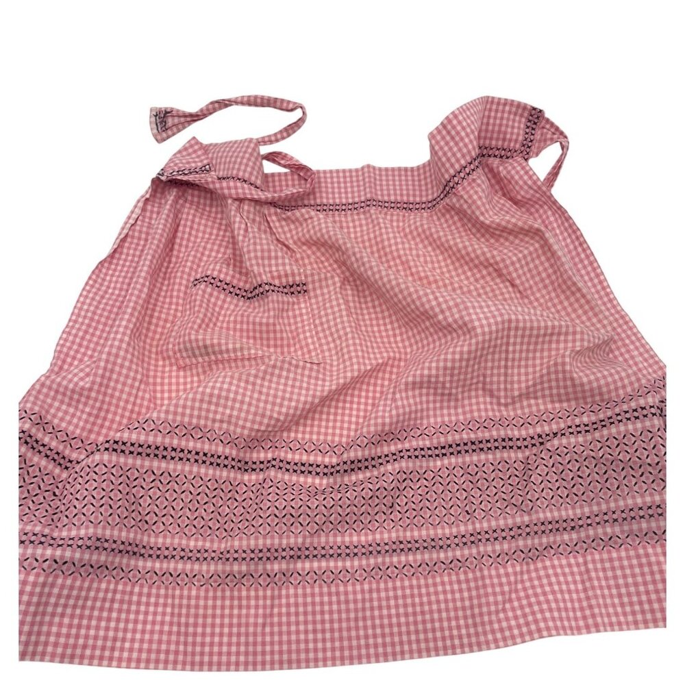 Vintage Pink Gingham Apron With Embroidered Hem & Pocket Retro Kitchen Chic
